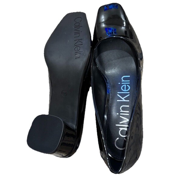 CALVIN KLEIN Square Toe Block Heel Dress Pump Women 8.5M Black Shiny Black Heel - Picture 1 of 7